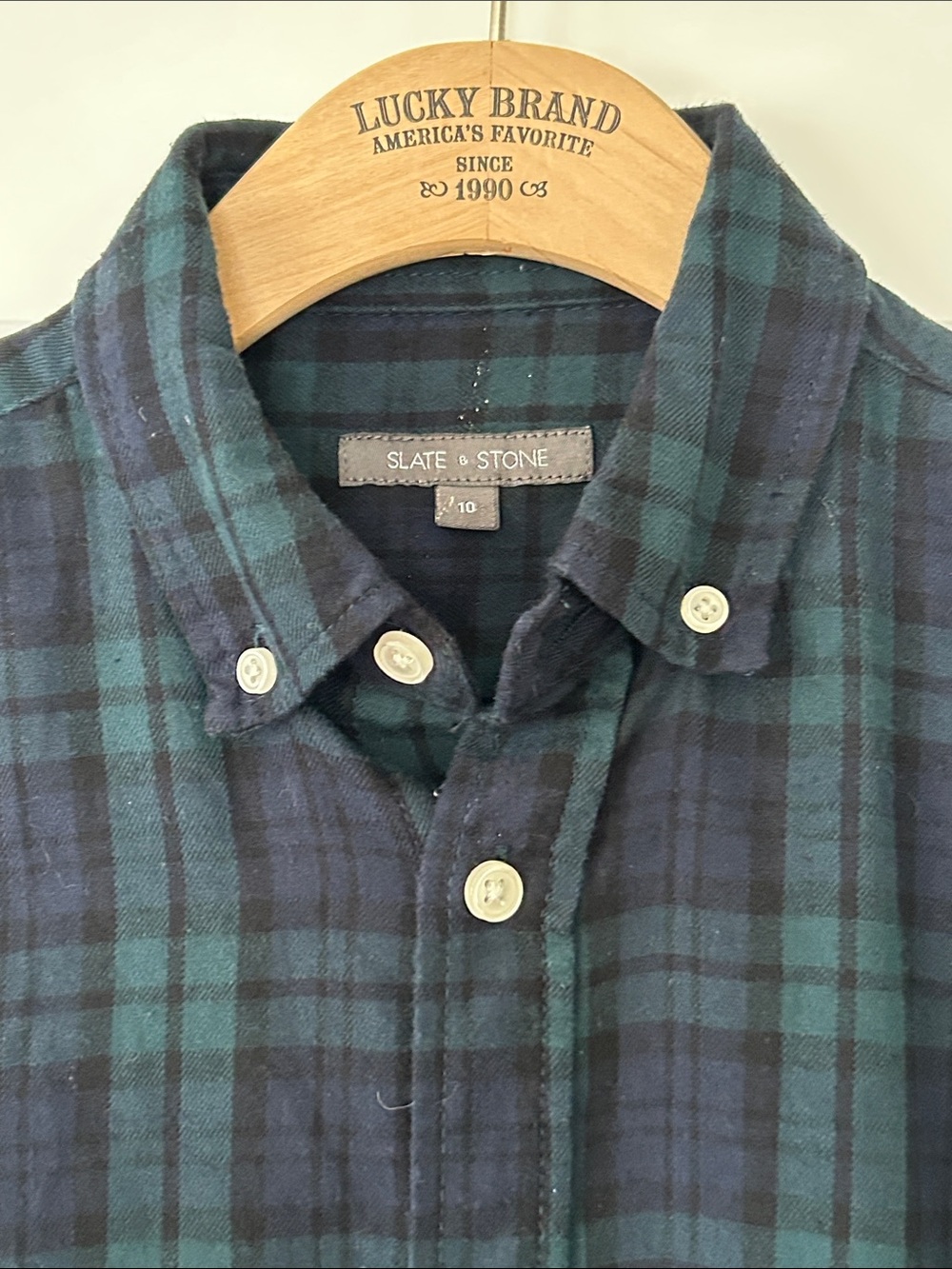 Slate & Stone Plaid Flannel Shirt Boys Sz 10 w MEASUREMENTS Green Navy Blue